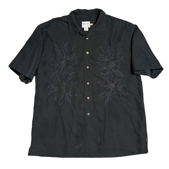 Quiksilver Floral Button Up Shirt Men's L Black Embroidered Short Sleeve Modal - Picture 8 of 17